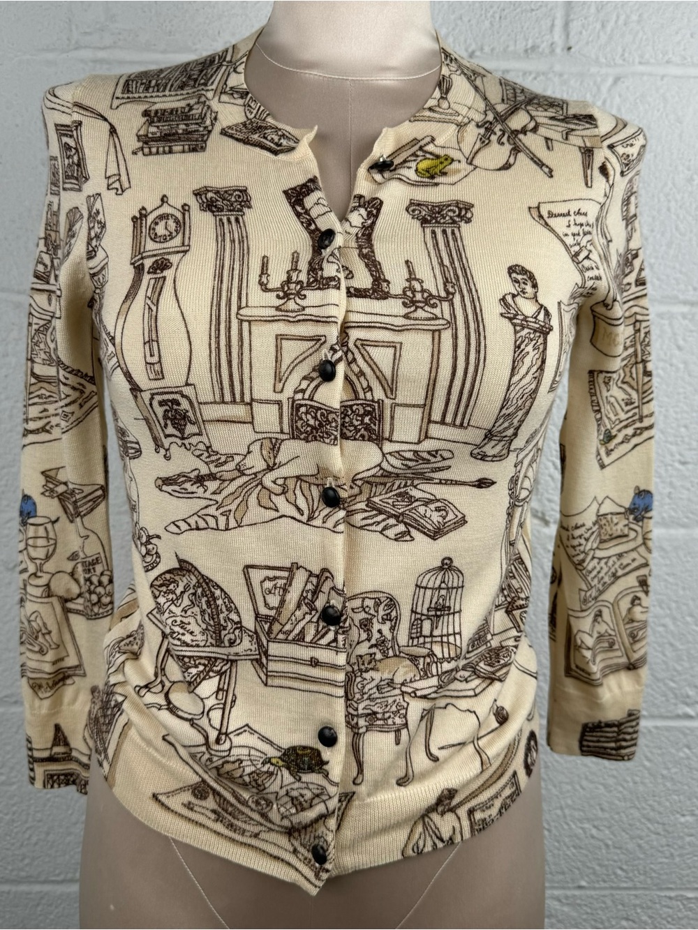 J.Crew 100% Wool Art Print Cardigan Sweater XS Novelty Museum Library Print